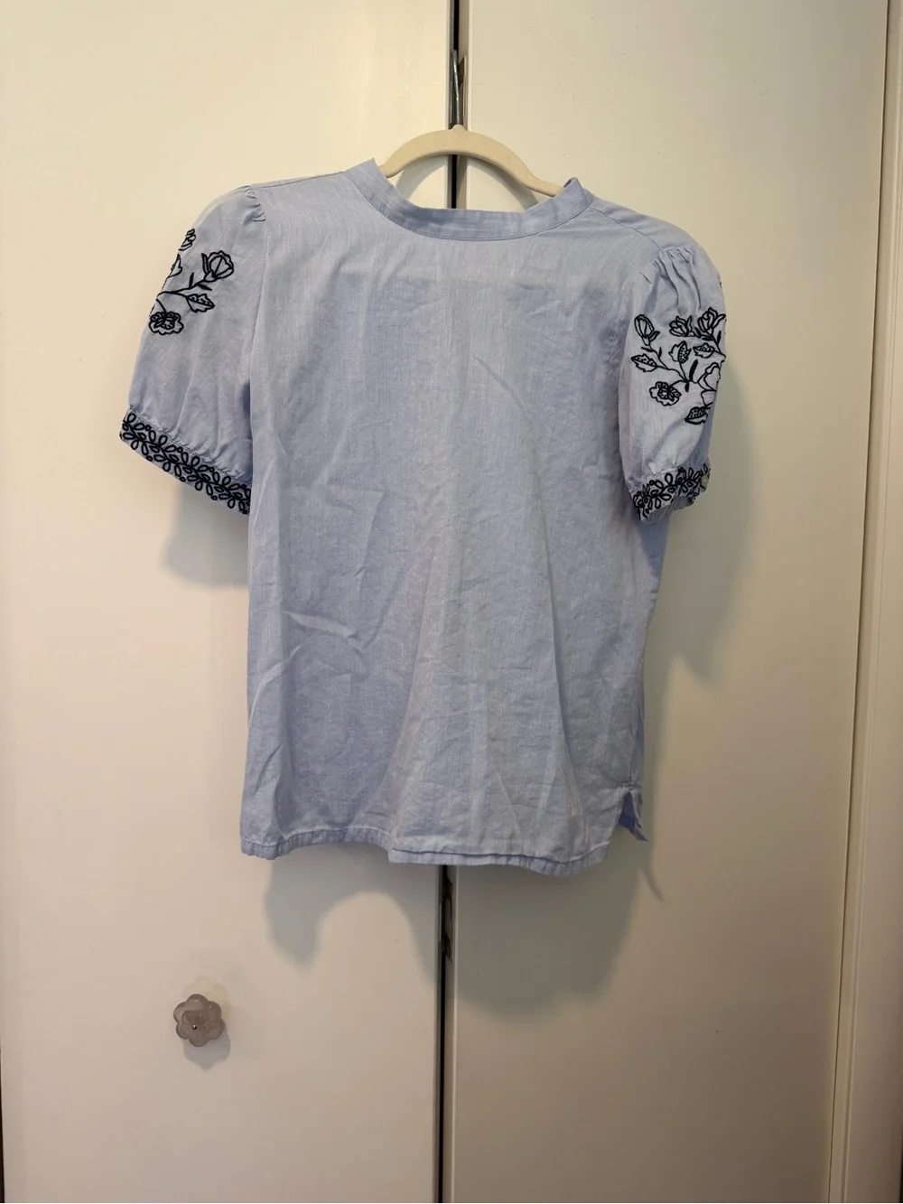 LOFT Light Blue Puff Sleeve Blouse with Navy Floral Embroidery